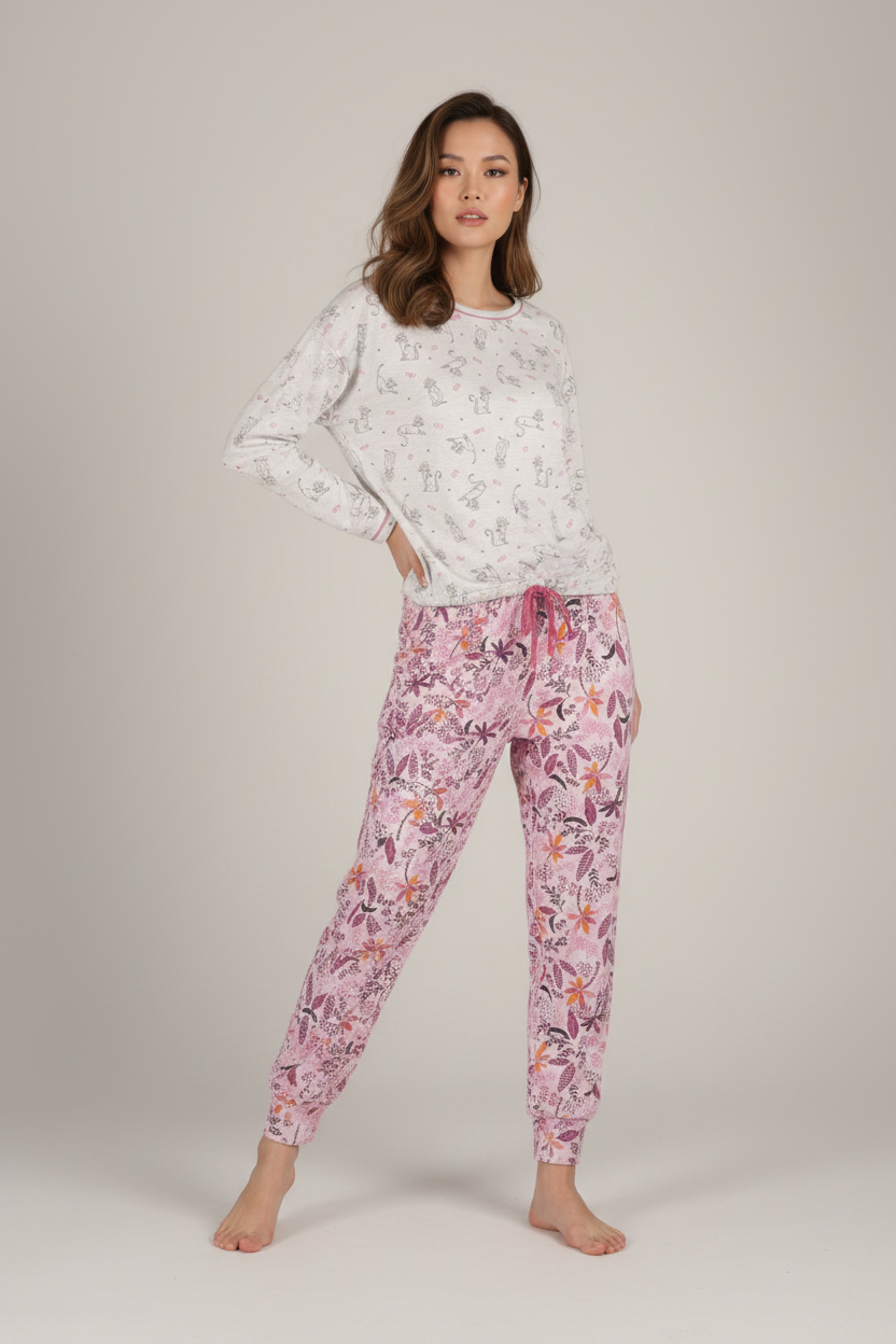 Woman wearing a white long-sleeve top and pink floral pants on a plain background