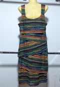 Multicolored patterned dress on a mannequin against a white background
