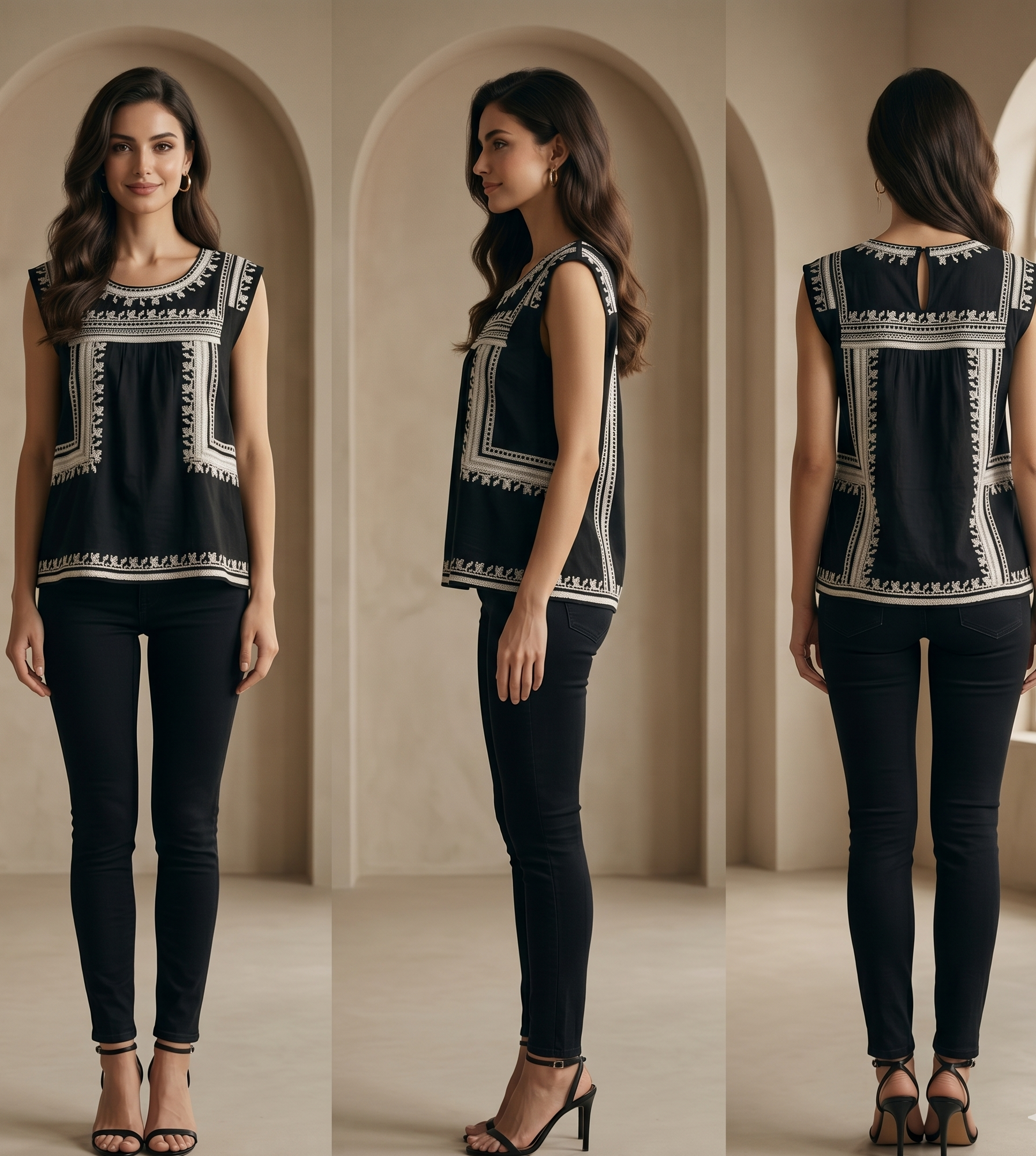Woman modeling a black top with white patterns in three different views.